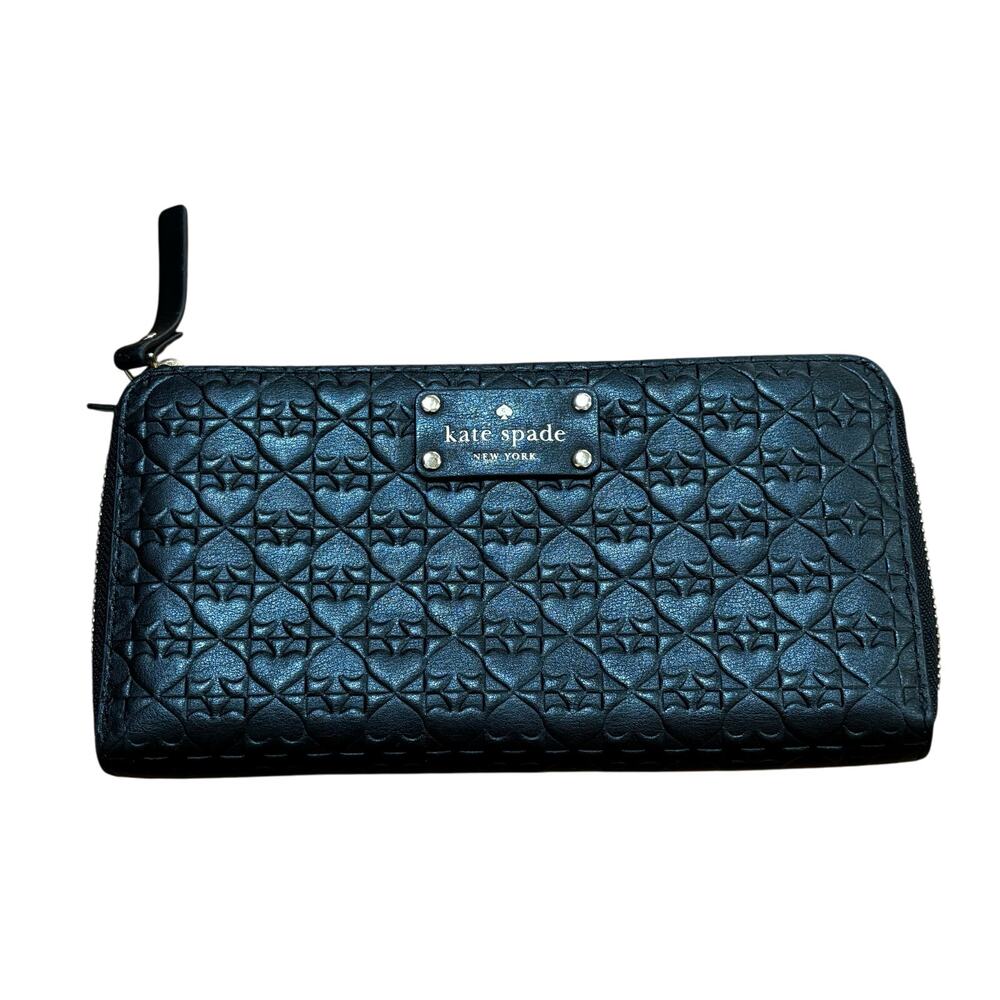 Kate spade new york black quilted leather zip around wallet designer clutch